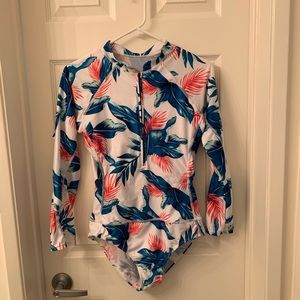 Palm Leaf One Piece Swimsuit with Long Sleeve